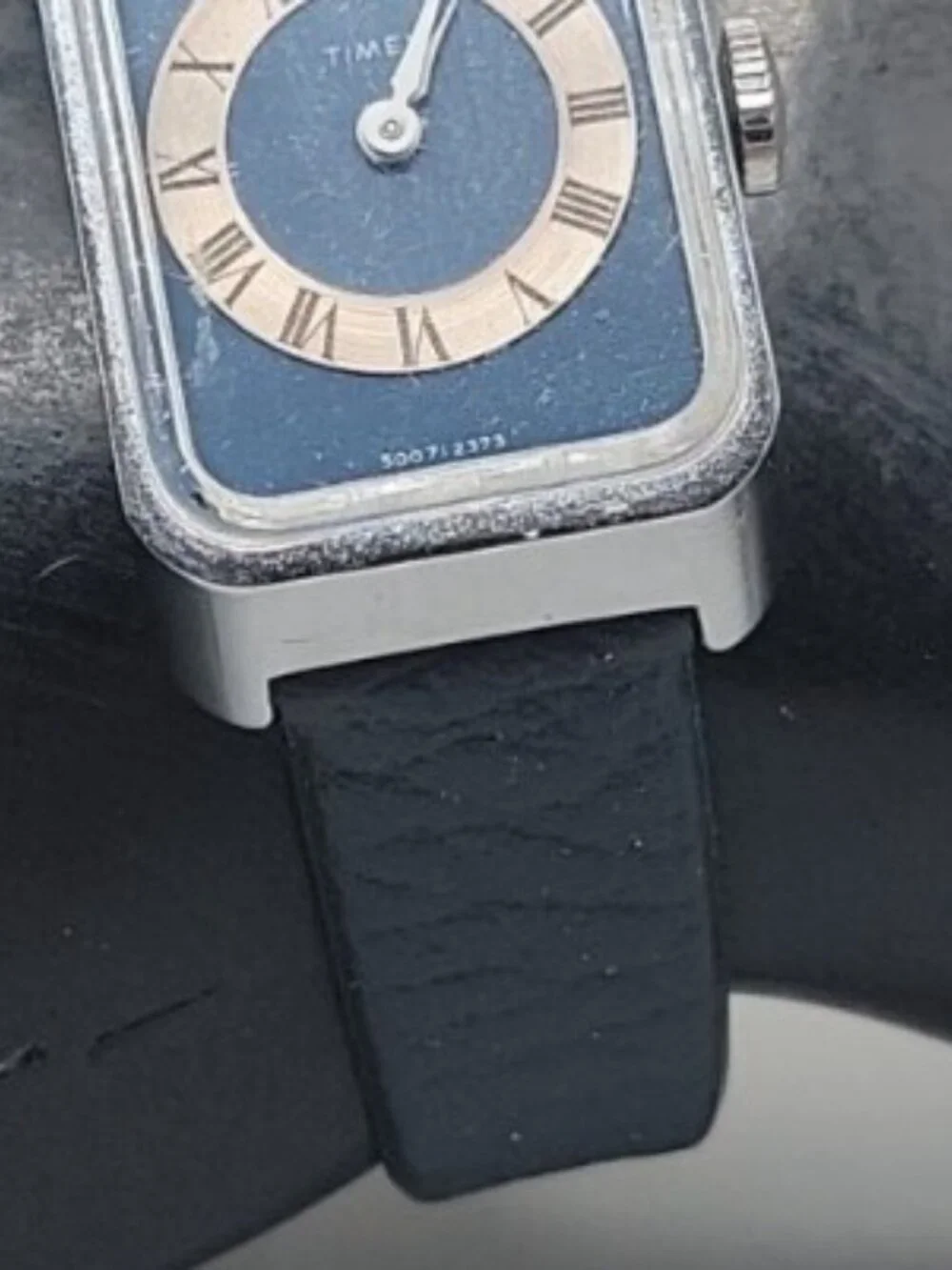 Vintage 1973 Timex Ladies Tank Watch Blue Roman Numeral Dial Chrome Plated Runs
